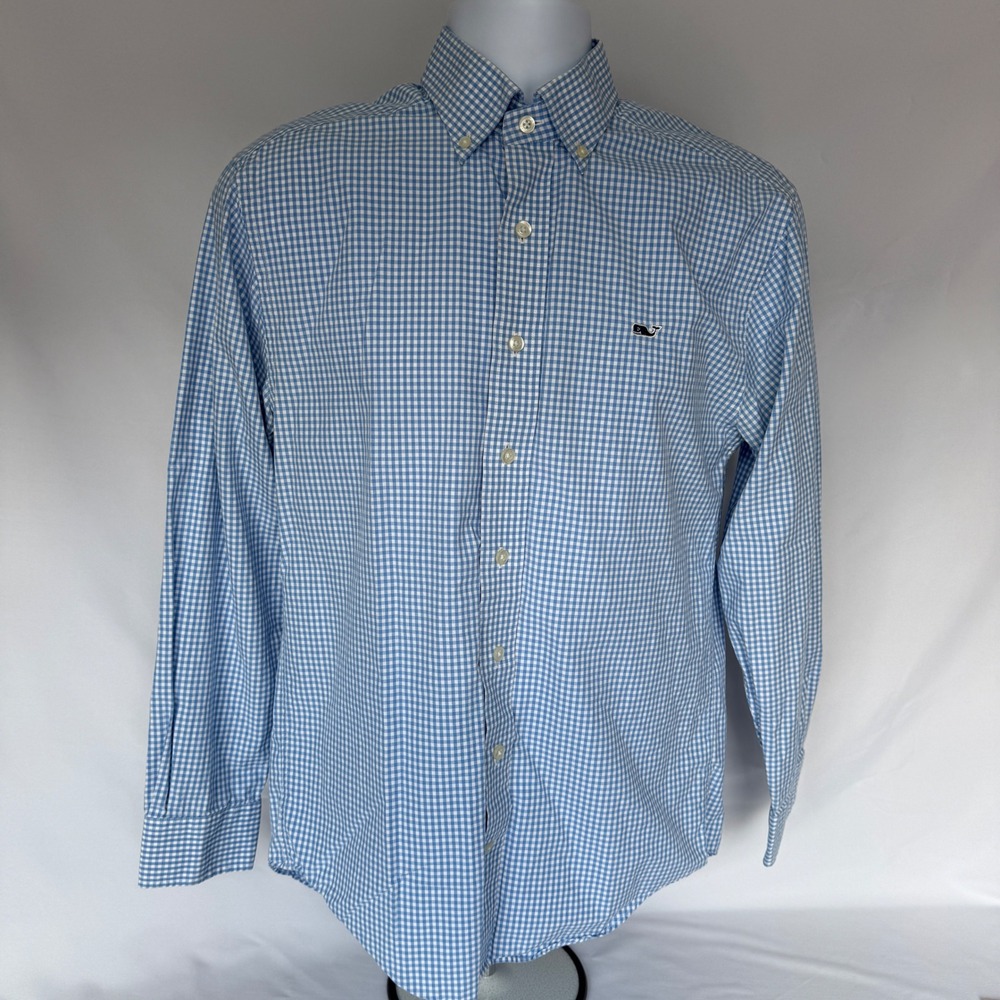 Vineyard Vines Mens Small Classic Fit Whale Shirt Blue Gingham Plaid Cotton L/S
